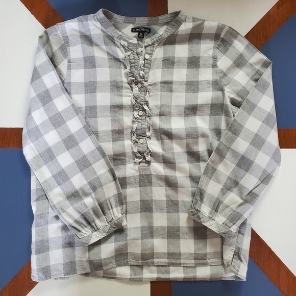 J. Crew Mercantile Flannel Popover‎ Shirt Womens Medium Gray White Check Ruffle - Picture 1 of 7